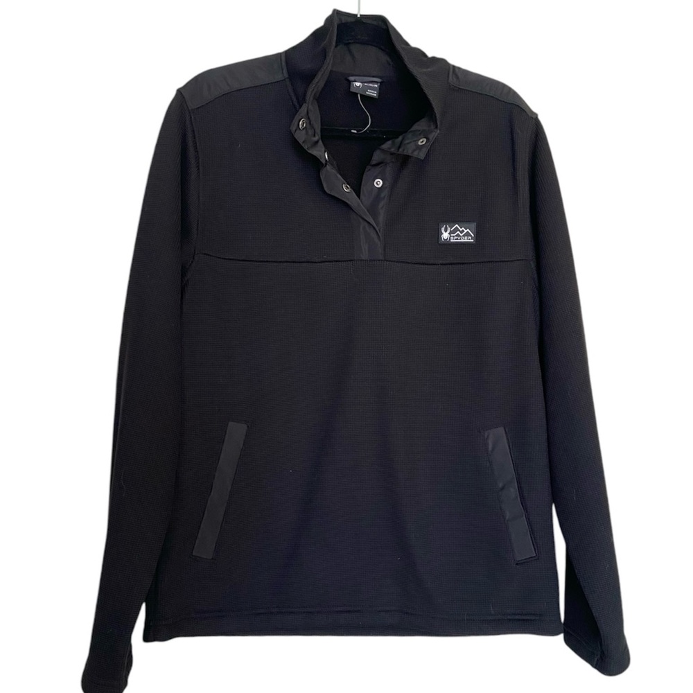 New Spyder Mens 3/4 Snap Black Pullover Thermal Out Fleece Inner Kangaroo Pocket